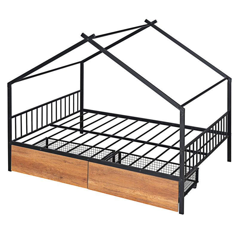 Metal Bed with Two Drawers Bed Frame, Full, Black