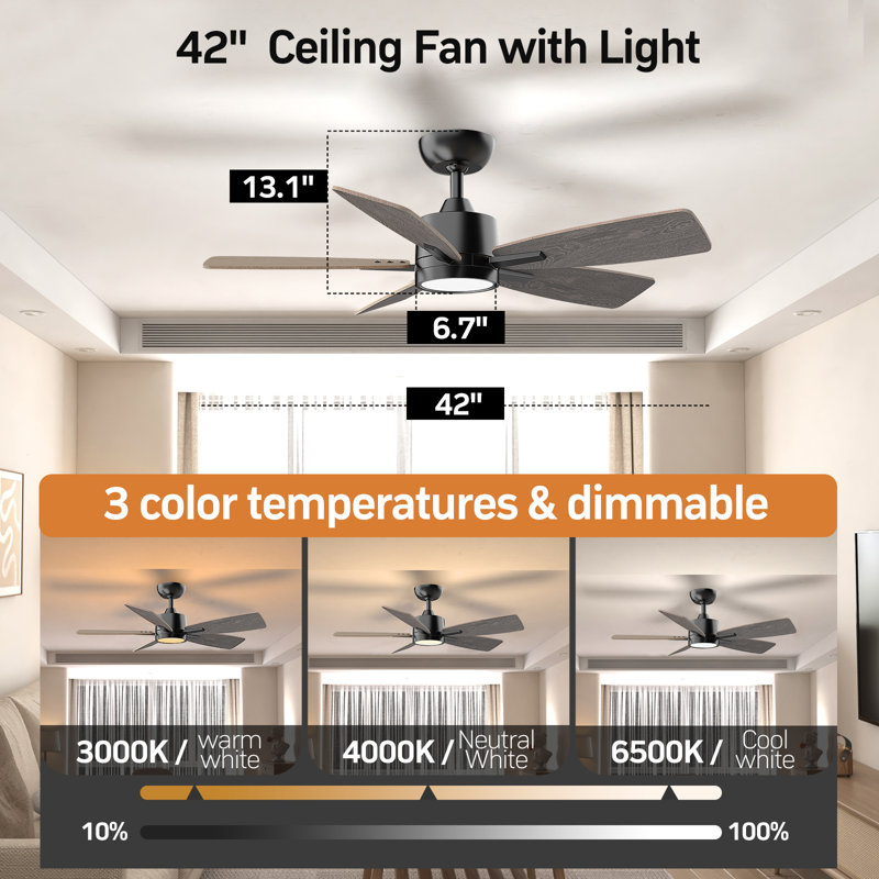 42'' Ceiling Fan With Led Lights, Beige/Gray Wood