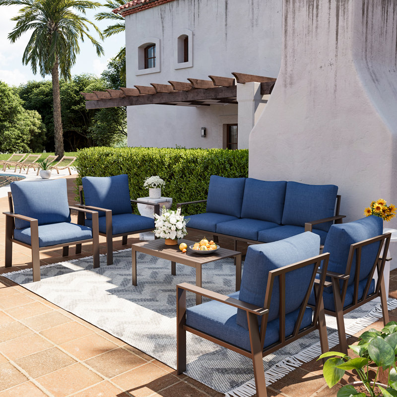  7-Person Outdoor Patio Furniture Set – Rust-Resistant Aluminum Frame, Deep Seating Weatherproof Cushions, No, Navy