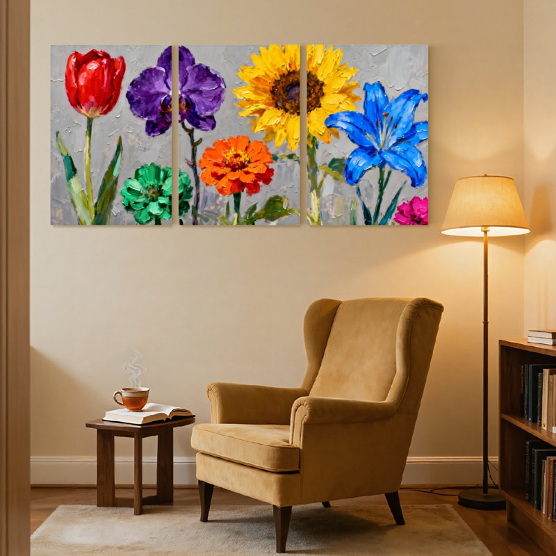 Plantes et fleurs, fleurs colorées sur fond gris avec ensemble de 3 impressions sur toile, H 36 po x l 72 po