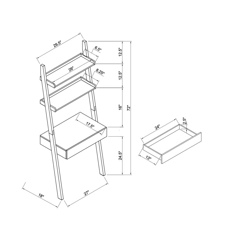 Home Office Desk Workspace Writing Table Bookcase Ladder One Drawer Two Shelves Handleless Design Modern