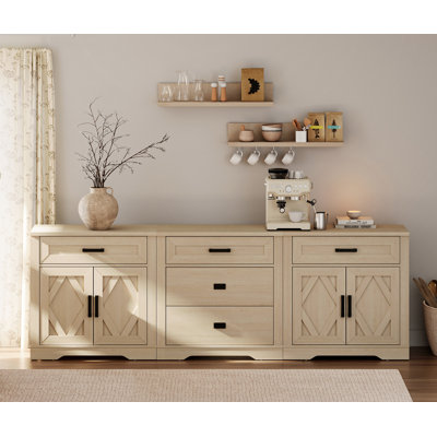 Armoire buffet extra large de 94,5 po, armoire de rangement de ferme 3 en 1 avec 3 tiroirs et compartiment de porte de grange, buffet spacieux en bois avec tablettes pour bureau, chambre à coucher, beige