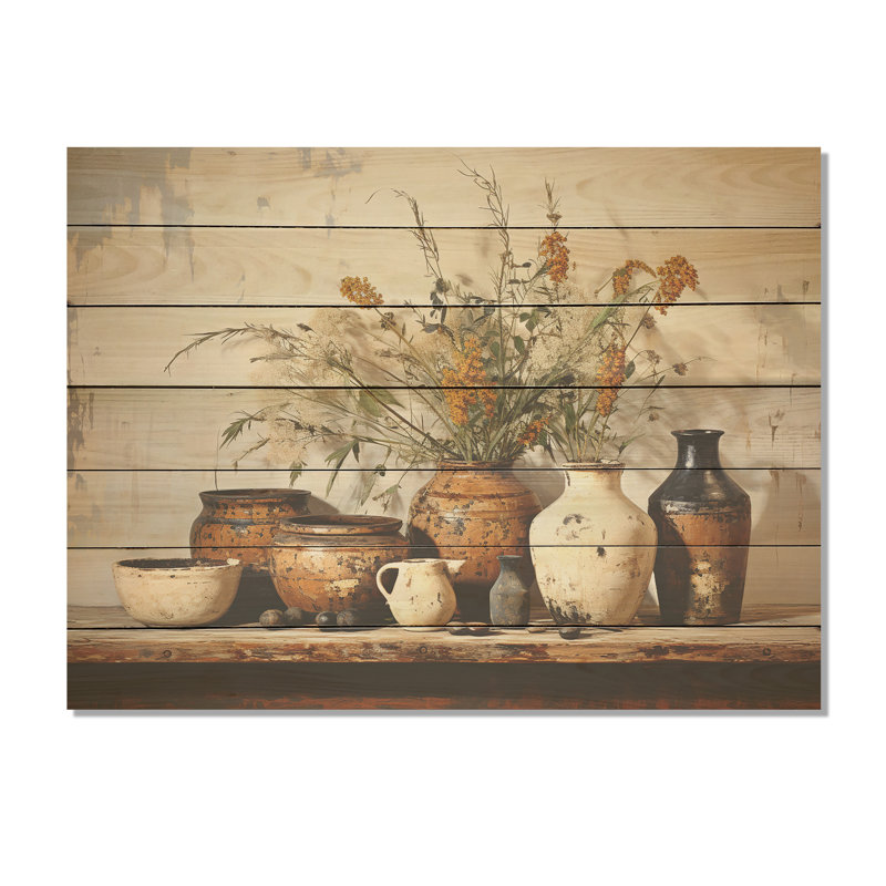 Brown Floral Vintage Pottery Artifacts - Boho Pottery On Wood Print, 30" H x 40" W x 0.78" D