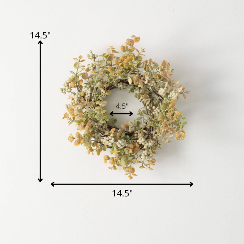 Couronne artificielle à feuilles et baies artificielles, H 14,5 po x l 14,5 po x P 4,5 po