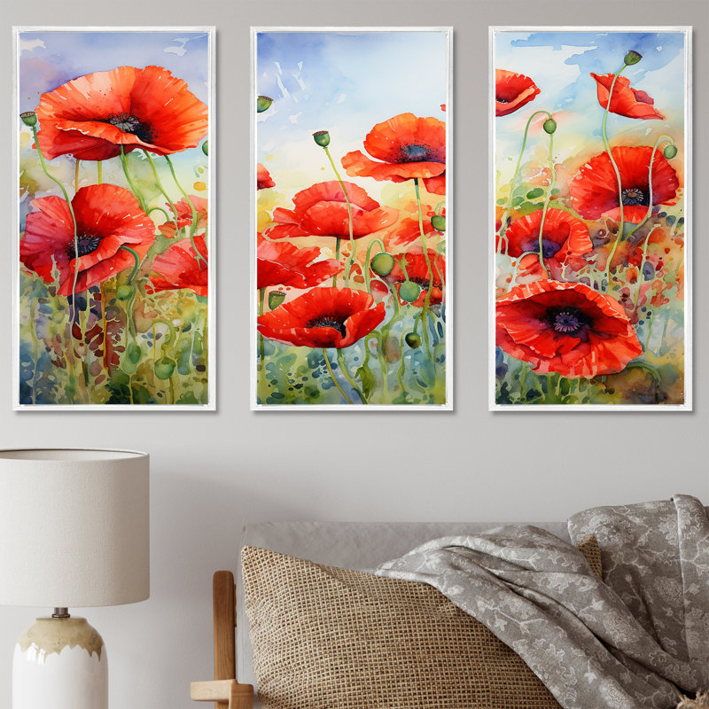 Radiant Red Poppies Pulse I - ensemble d'art mural sur toile coquelicots, Cadre flottant blanc, H 40 po x l 60 po x P 1 po