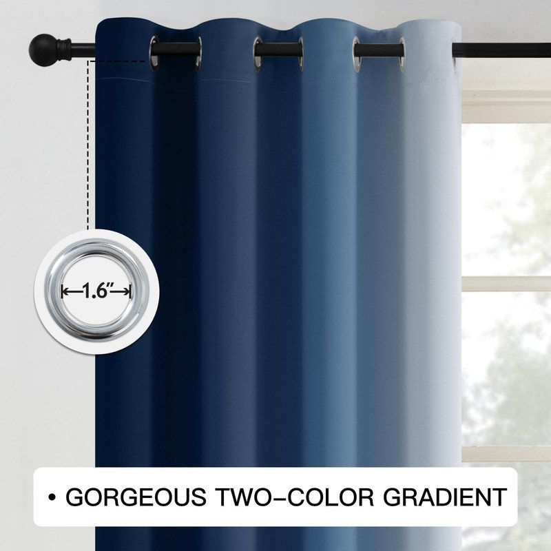 Ombre Blue Blackout Thermal Insulated Curtains, Grommet Top Gradient Window Drapes 2 Panels, 52" W x 63" L