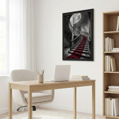 Art mural sur toile noir encadré pour le salon, la chambre à coucher, le bureau ou le vestibule - Décoration murale décorative avec escalier rouge