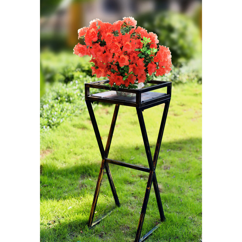 Support pour plante 35,5 po avec dalle de pierre grise - pieds en métal noir / or, poids de 13,89 lb au look rustique