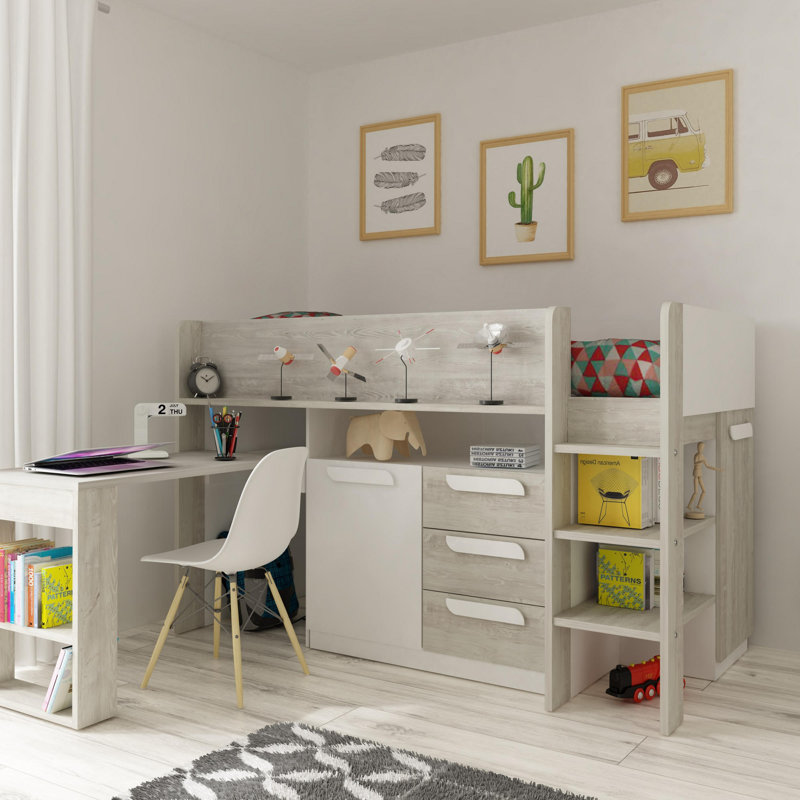 Loren European Single (90 x 200cm) 3 Drawer Mate's & Captain's Mid Sleeper Loft Bed Bed with Bookcase, Grey/White