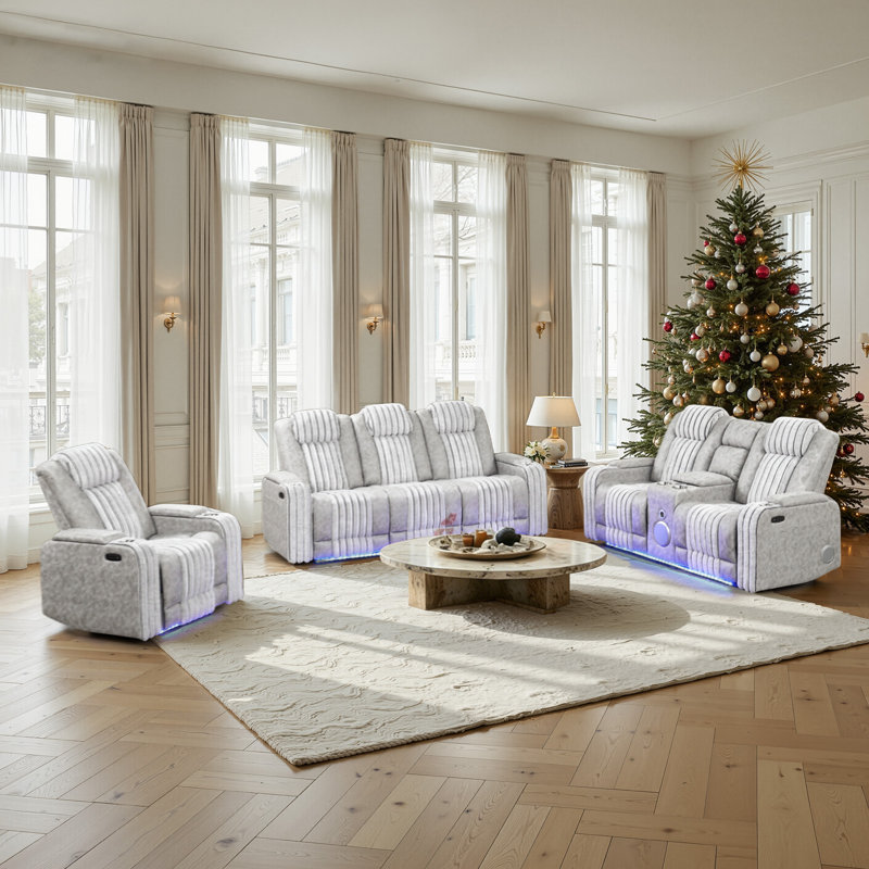 Ensembles inclinables électriques modernes et contemporains avec appuis-tête réglables, prise de courant USB et éclairage à DEL et haut-parleur (canapé + causeuse + fauteuil)