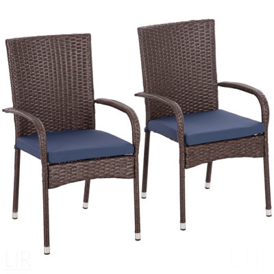 Stackable PE Rattan Outdoor Dining Chairs With Cushions, Set Of 2 Patio Wicker Dining Chairs With Armrests And Backrest For Patio, Deck, Cream White, Chair
