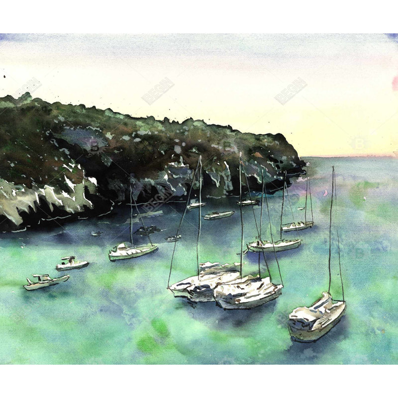 Bateaux à cala Macarella | Décor bord de mer encadré, H 61,25 po x l 49,25 po