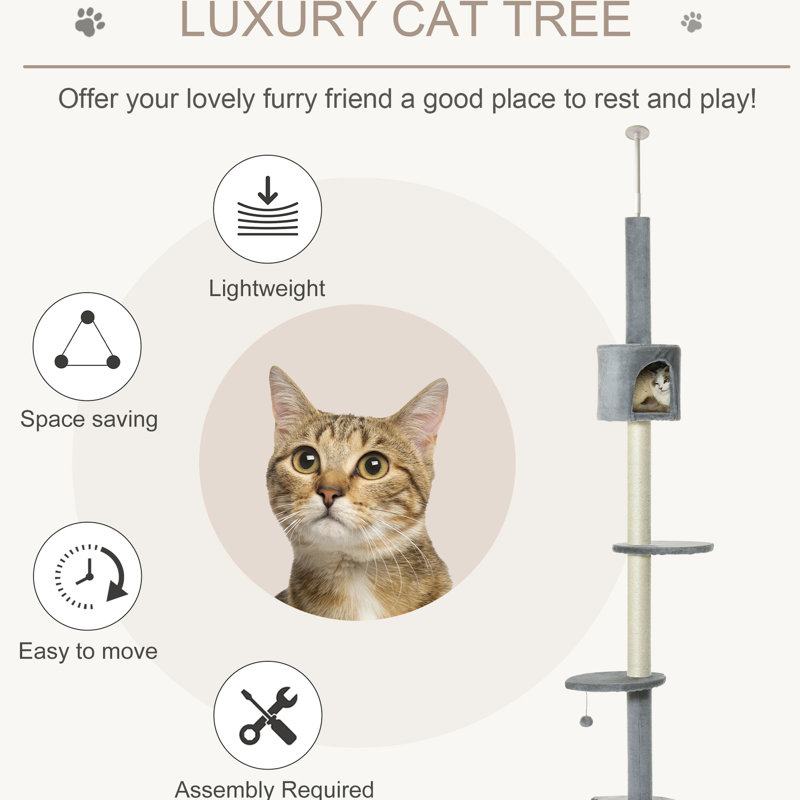 Chat 85,5 po qui grimpe - Centre d'activités pour 4 personnes. Grattoir, boules suspendues. Fabrication. Gris. Pour chats de moins de 10 lb, tour avec écorce et coffre-fort.