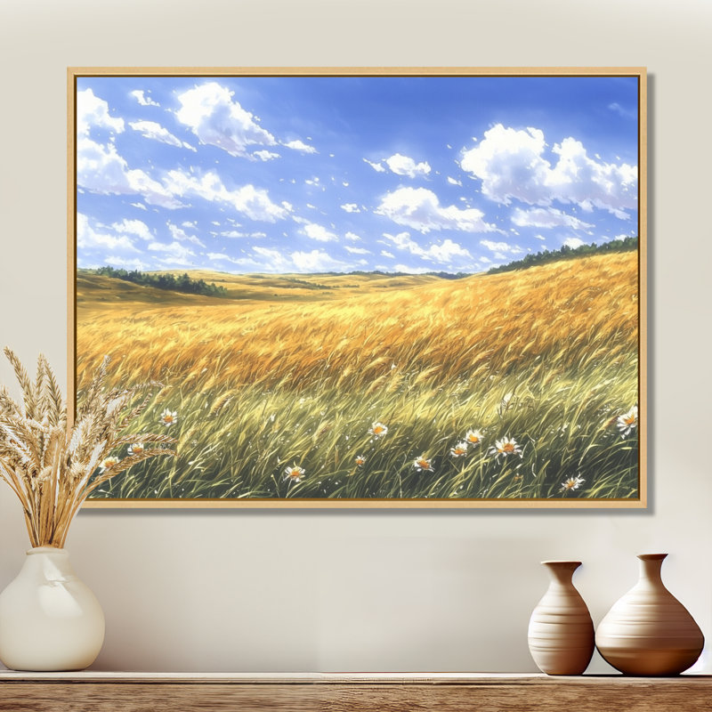 «Meadow Golden Fields Of Corn III», art mural sur toile prairie, H 24 po x l 32 po, Cadre flottant, Crème, crème