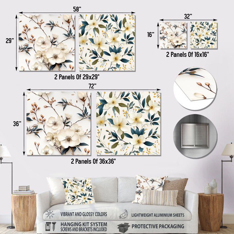 Nuri - Ensemble de 2 carrés à motif floral en métal, H 29 po x l 58 po