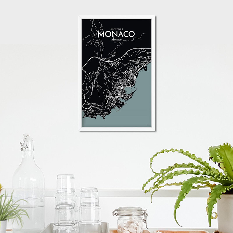 Monaco City Map, impression, H 17 po x l 11 po, Gris / noir
