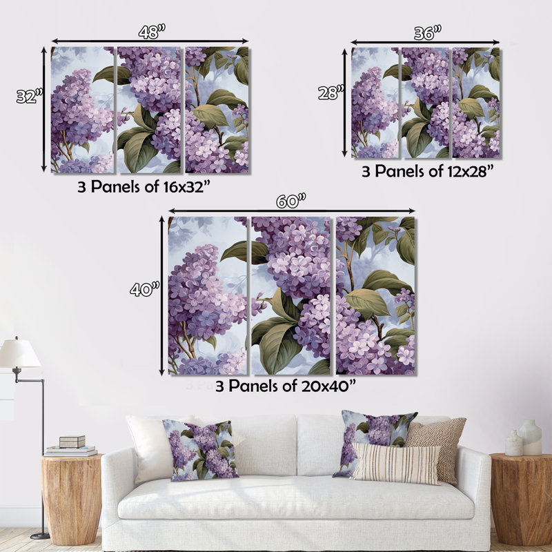 «Lilac mauve et gris», impression sur toile 3 pièces, H 32 po x l 48 po x P 1 po