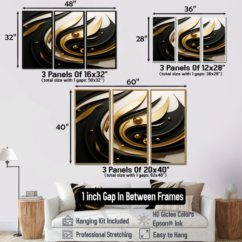 Gold Core Minimal Gold Streams - ensemble d'art mural paysage urbain, Cadre flottant noir, H 40 po x l 60 po x P 1 po