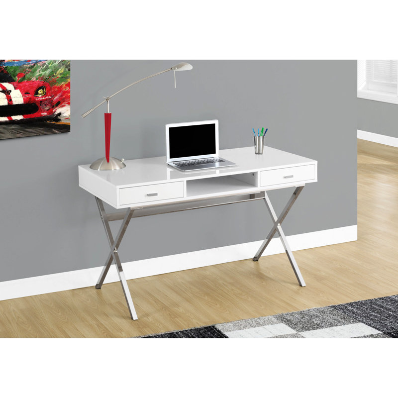 Table d'ordinateur de bureau à domicile avec tablette - base en métal stratifié blanc brillant, 2 tiroirs de rangement et tablette ouverte, bureau de travail de 48 po et durabilité