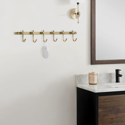 Brass Hook Rack, Bathroom Towels Hooks Coat Rack, Antique Bath Wall Hook Vintage Mounted Brushed Brass 6 Hooks