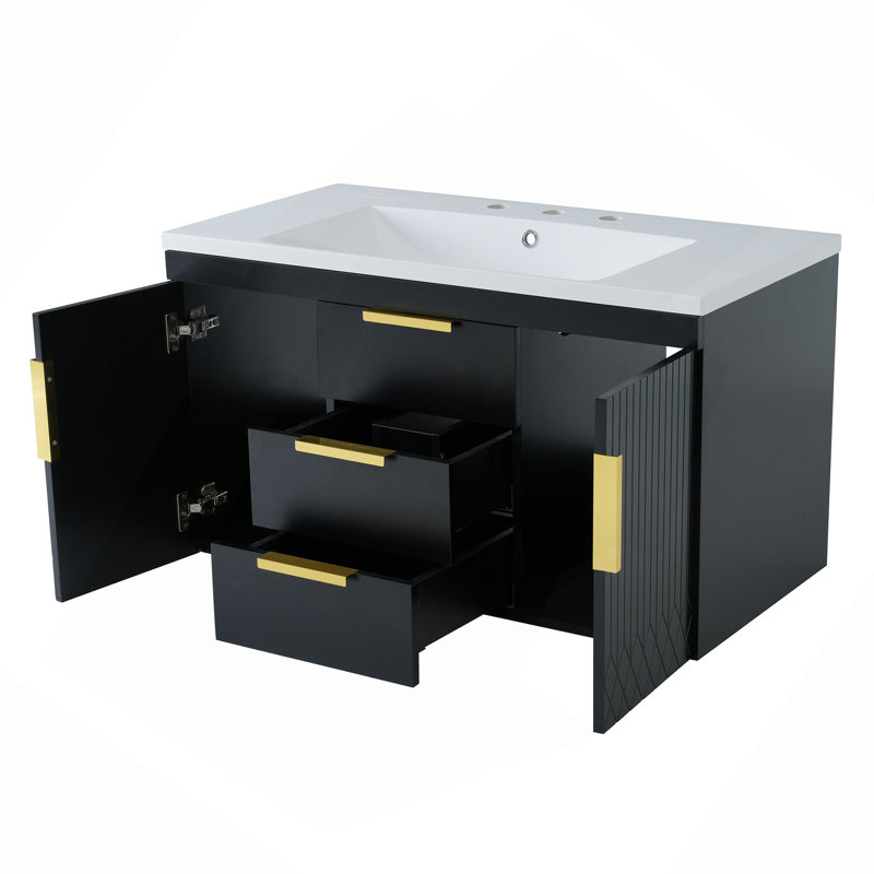 Meuble-lavabo mural 36 po avec lavabo en résine, armoire de rangement flottante avec 2 tiroirs, armoire de salle de bain en bois massif