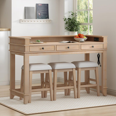 Ensemble de table de salle à manger 4 pièces pour 3 personnes, ensemble de table et chaises de cuisine rétro avec 3 tiroirs de rangement, idéal pour les petits espaces (naturel)
