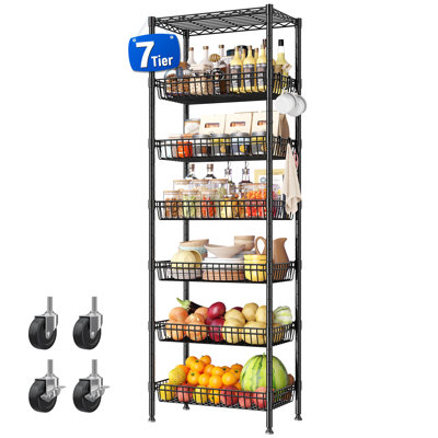 Étagère grillagée 72 po H 72 po à 7 niveaux avec roulettes, tablettes de garage réglables en maille d'acier pour la cuisine, la salle de bain, le placard et les petits espaces, noir