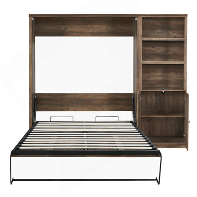 Full Size Half Self-Close And Open Murphy Bed With 1 Side Cabinet Storage Shelf, Cabinet Space-Saving Bed Perfect For Guest Room, Bed Room, Guest Room, Home Office, Brown