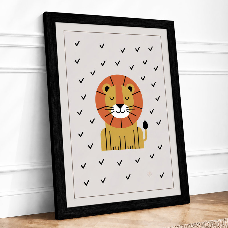 Cheerful Lion Geometric - Framed Print, A2 - 59.4 x 42.0 cm, Black