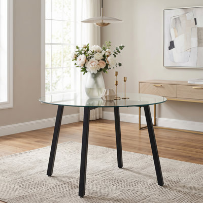 42" Round Tempered Glass Dining Table for 4 with Black Metal Frame