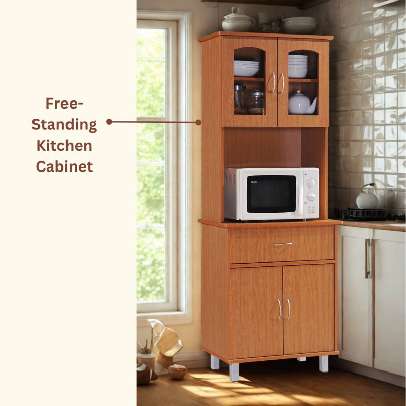 Kitchen Cabinet 23.6 inch Wide Freestanding China Display Hutch with Storage, Microwave Shelf and Utensil Drawer,, Cherry
