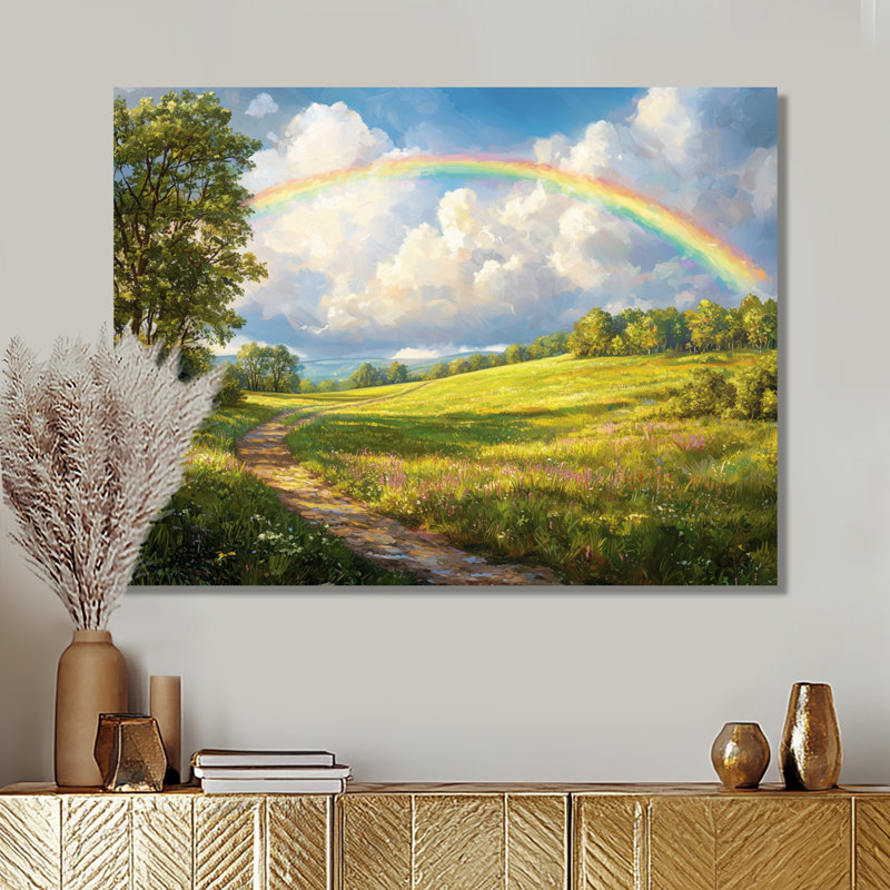 Arc-en-ciel sur les champs pastoraux - reproduction d'art traditionnelle en métal, art mural arc-en-ciel en métal