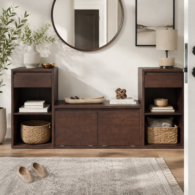 All-in-One Entryway Storage Bench with Cushion, Compartments, Drawers & Open Shelves, Storage Bench