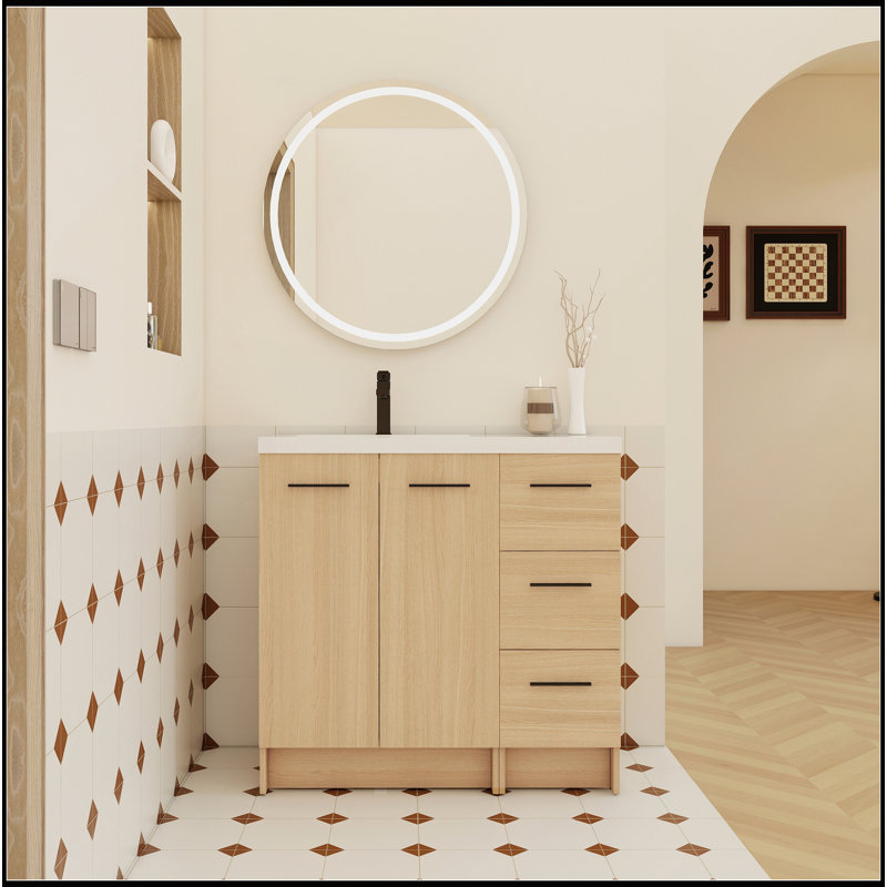 Meuble-lavabo autoportant modulaire de 36 pouces avec lavabo en résine, finition chêne clair et beaucoup de rangement pour les salles de bain modernes