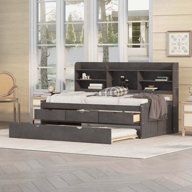 Wooden Captain Daybed Bed With Built-In Bookshelves, Twin, Antique Gray