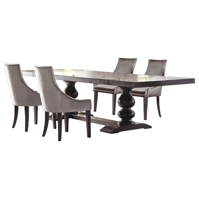 Table de salle à manger européenne traditionnelle 5 avec table rectangulaire, sièges rembourrés gris, base en tréteaux, rallonges de rallonge, finition patinée, sièges en velours de table, sièges 10,