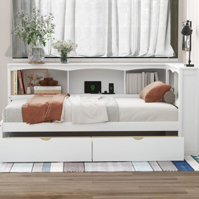 Lit de jour simple en blanc avec tiroirs de rangement - Armature solide pour un repos paisible
