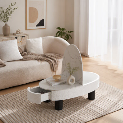 Table basse ovale avec plateau en faux marbre, table basse moderne avec tiroir caché et espace de rangement, table basse pour le salon, la chambre à coucher, le bureau