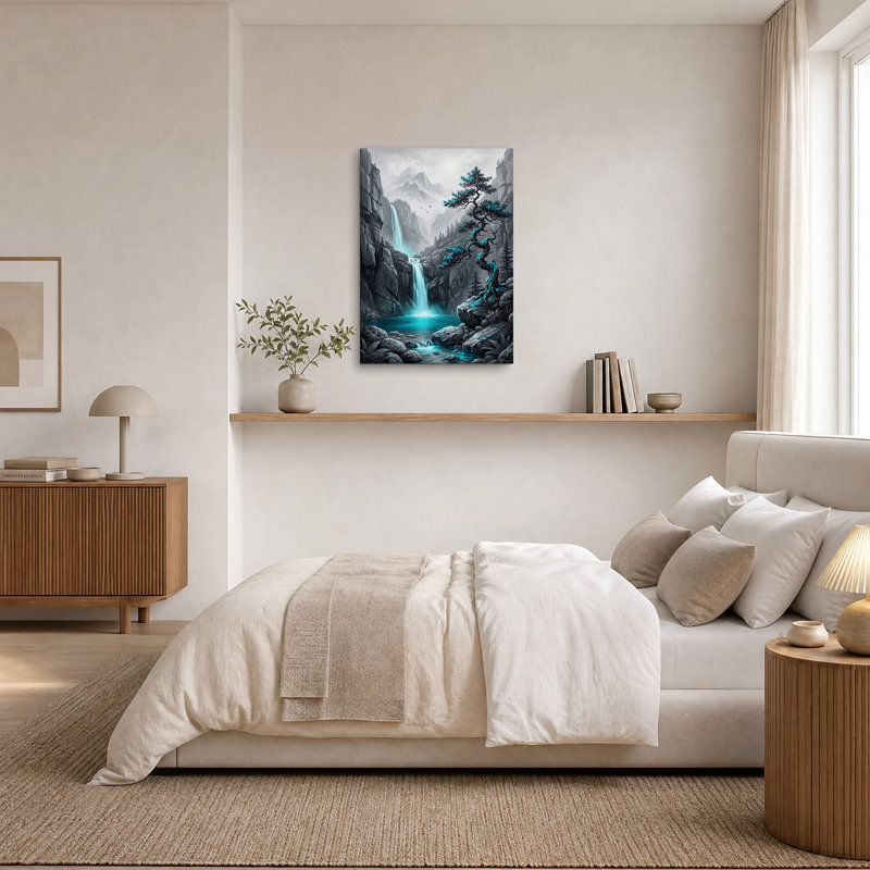 «Cyan Pine Tree Beside Waterfall In Misty Canyon», art mural sur toile, H 24 po x l 16 po