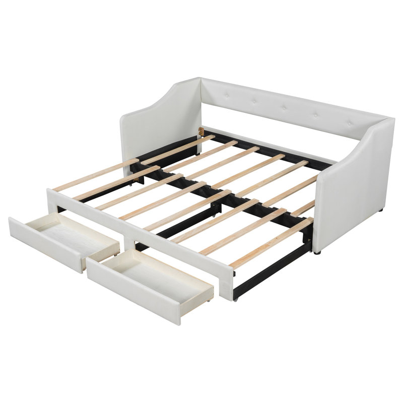 Adjustable Upholstered Daybed with 2 Storage Drawers – Space-Saving Bedroom Furniture, Beige