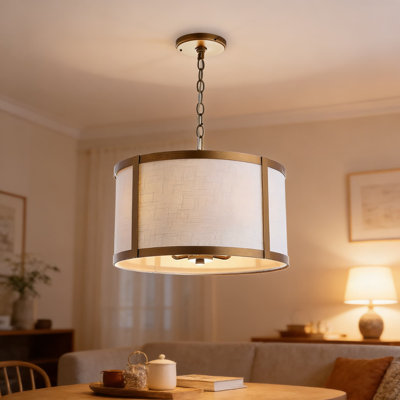 17 Inch Transitional Pendant Light With White Linen Drum Shade, 4-LED Bulb Kitchen Island Hanging Fixture For Dining Room Ceiling