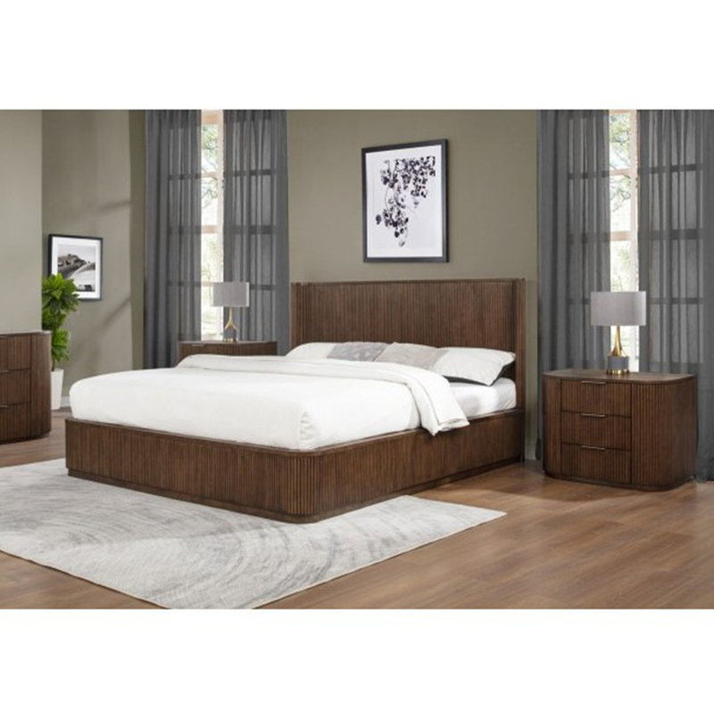 Table de chevet cannelée en bois massif, meuble de chambre à coucher moderne à 3 tiroirs, brun, Brown