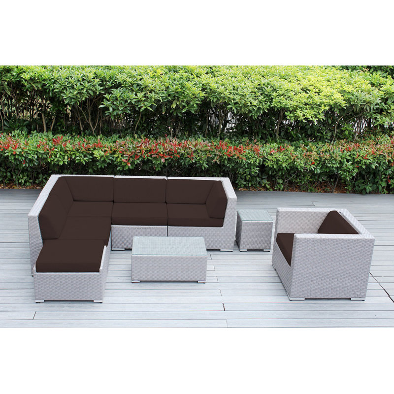 Ensemble de conversation en osier pour 6 personnes avec coussins - aucun assemblage, Toile Sunbrella® taupe