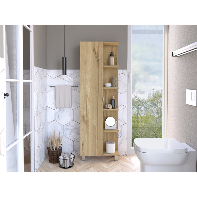 Urano Mirror Linen Cabinet, Four Interior  Shelves, Five External Shelves -Light Oak, Beige, 62.2" H x 20.15" W x 8.46" D