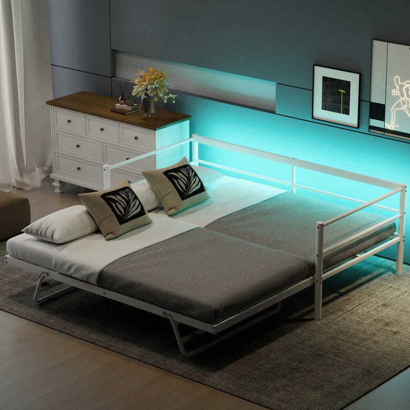 Christenson Size Metal Daybed With Led And Adjustable Trundle, Pop Up Trundle, White
