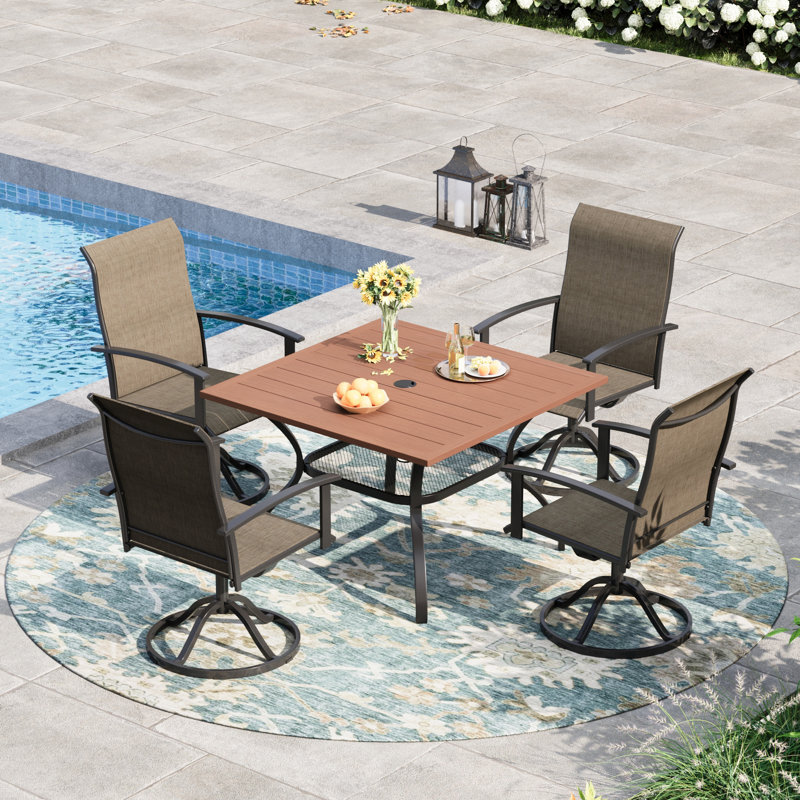 Ensemble de salle à manger de patio pour 4 personnes avec chaises pivotantes en textilène, Brun bois brossé / brun