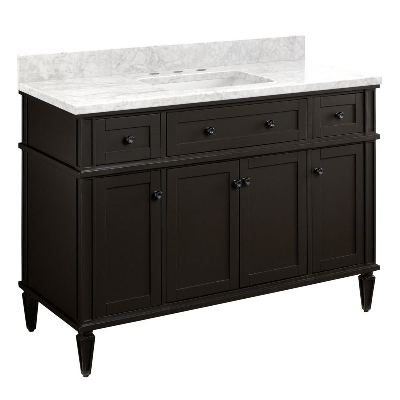 Elmdale 48" Freestanding Mahogany Single Vanity Rectangular Undermount Sink, Charcoal Black, 8" Widespread, Carrara Marble