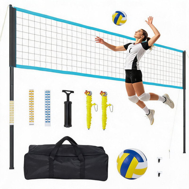 Ensemble de filet de volleyball portatif 32 pi avec hauteurs et poteaux réglables pour parc de plage