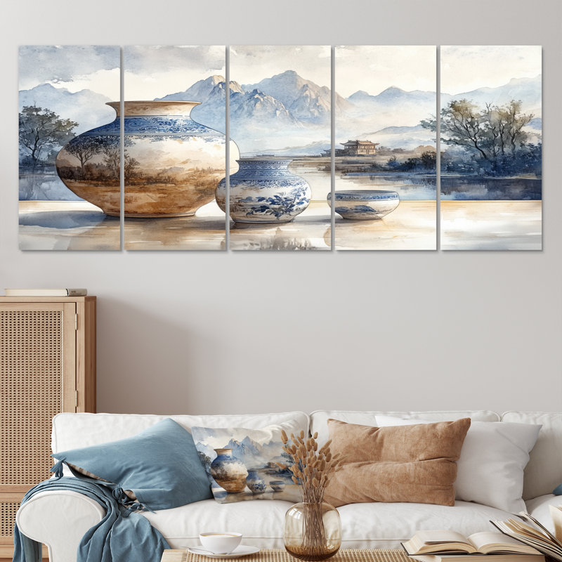 Ensemble de décorations murales poterie bleue et orange, H 28 po x l 60 po