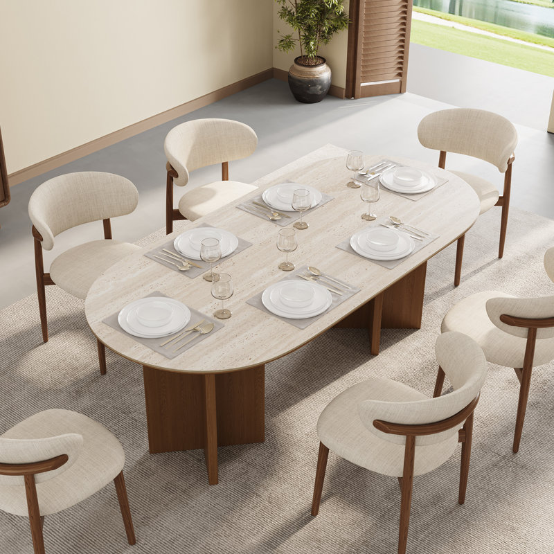 71'' Mid-century Modern Oval Dining Table For 4-6, Travertine And Wood Tabletop, Kitchen Table With Brown Wood Legs